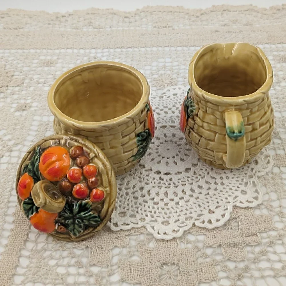 Vintage Lefton Japan Fiesta Basket Weave with Fruit Ceramic Cream and Sugar Set